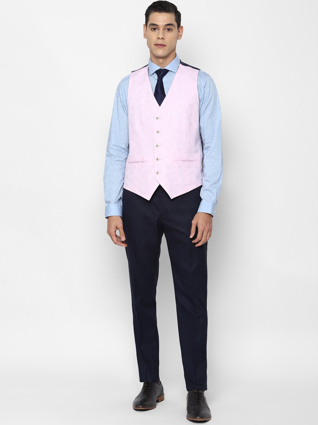 

Allen Solly Men Navy Blue Self Design Single-Breasted Slim-Fit 3-Piece Suit