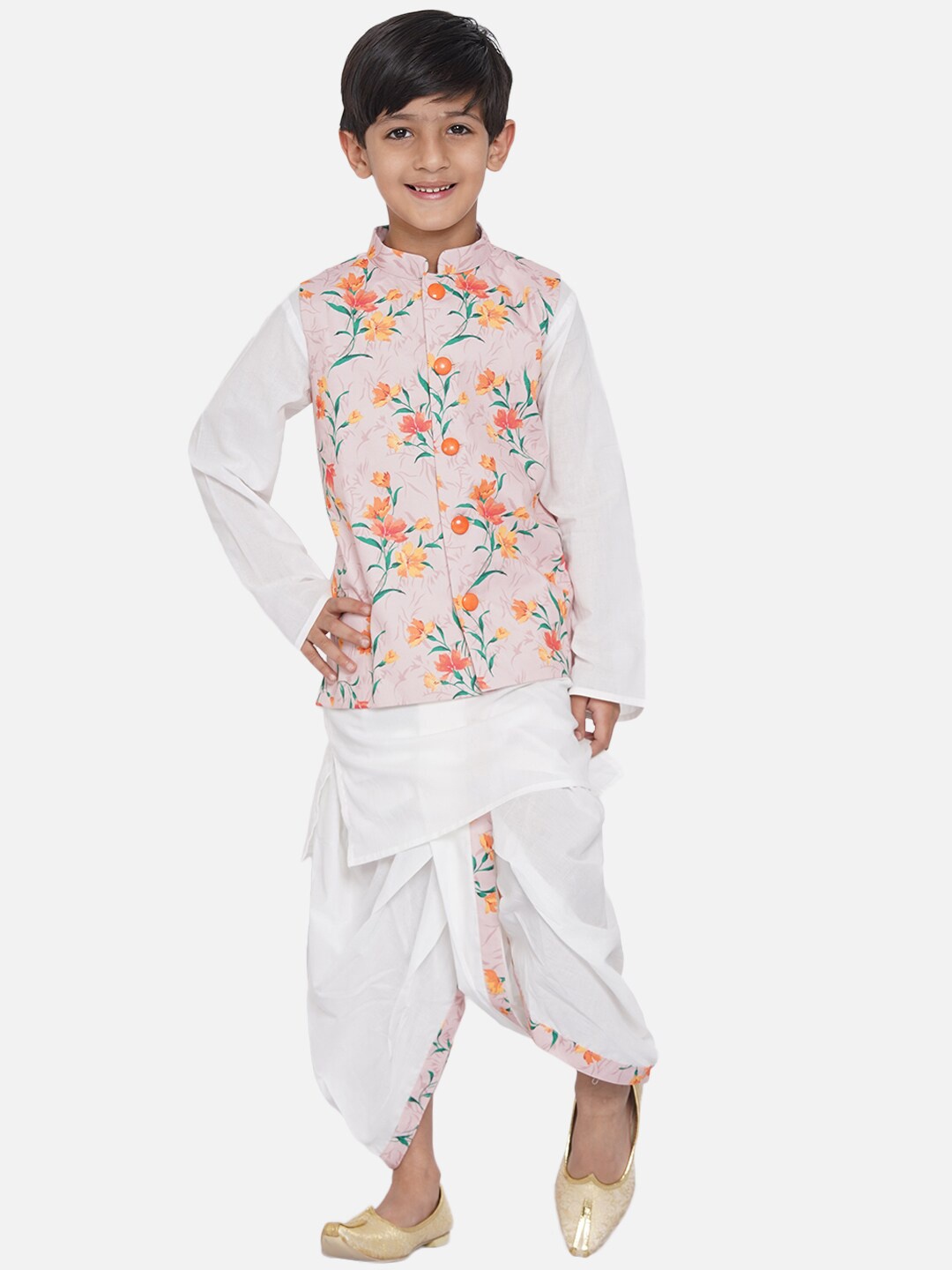 

Little Bansi Boys Off-White & Pink Kurta with Dhoti Pants & Nehru Jacket