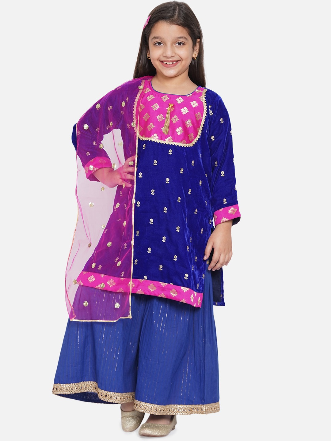 

Little Bansi Girls Blue Ethnic Motifs Woven Design Velvet Kurta with Sharara & Dupatta