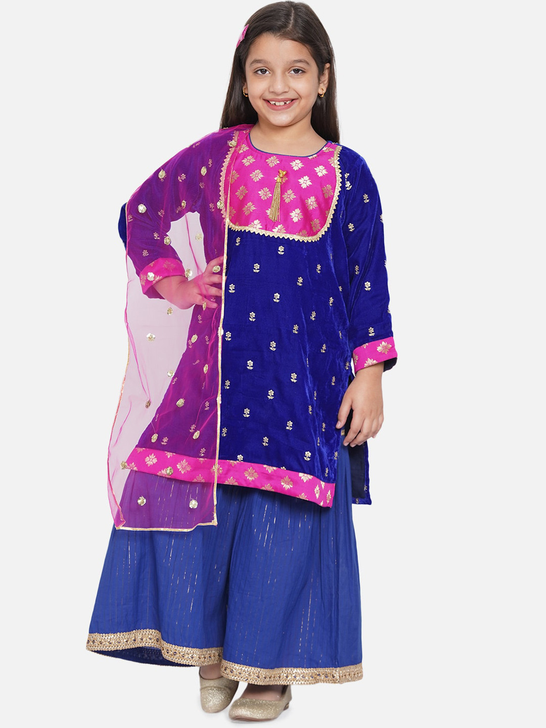 

Little Bansi Girls Blue & Pink Floral Embroidered Velvet Kurti With Sharara & Net Dupatta