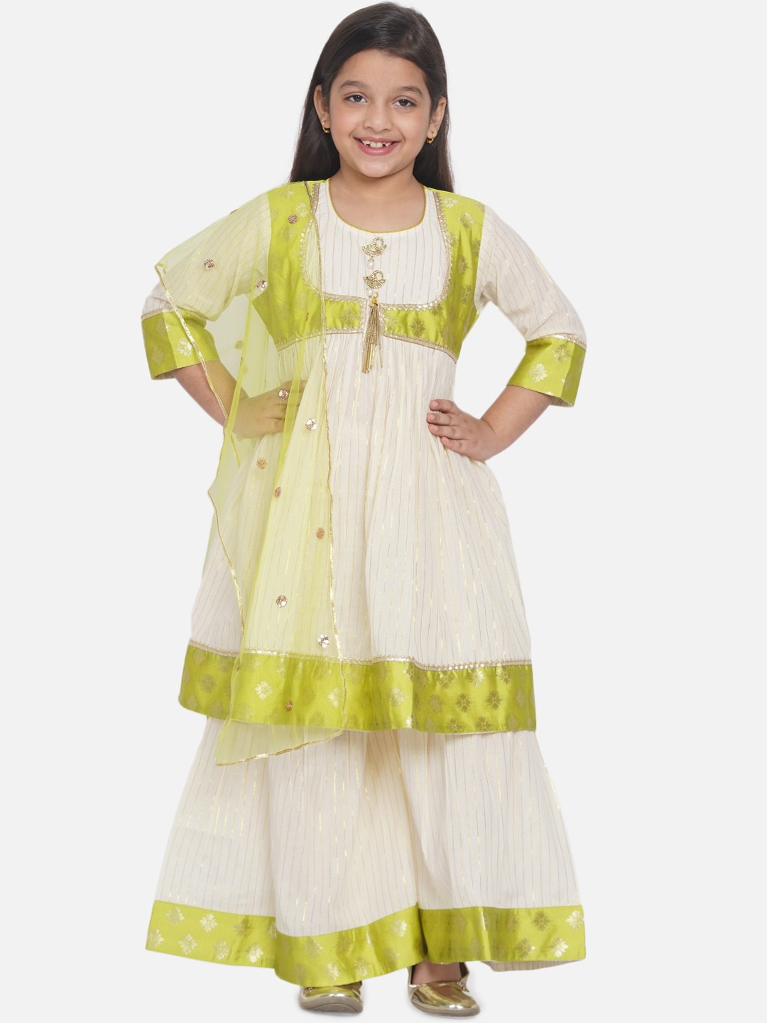 

Little Bansi Girls Cream-Coloured & Lime Green Paisley Kurti & Sharara & Net Dupatta