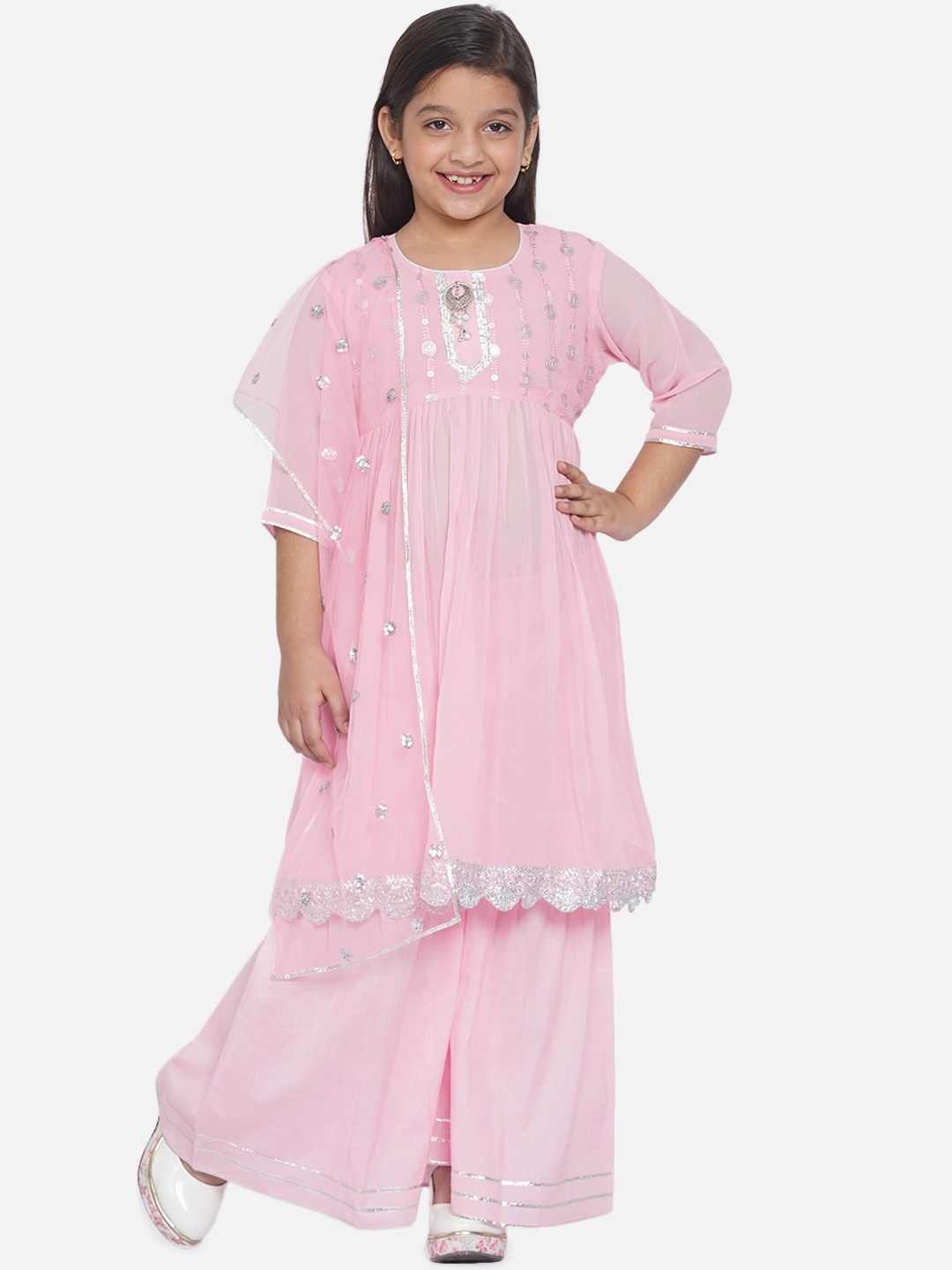 

Little Bansi Girls Pink & Silver-Coloured Embroidered Zardozi Kurta with Sharara & Dupatta