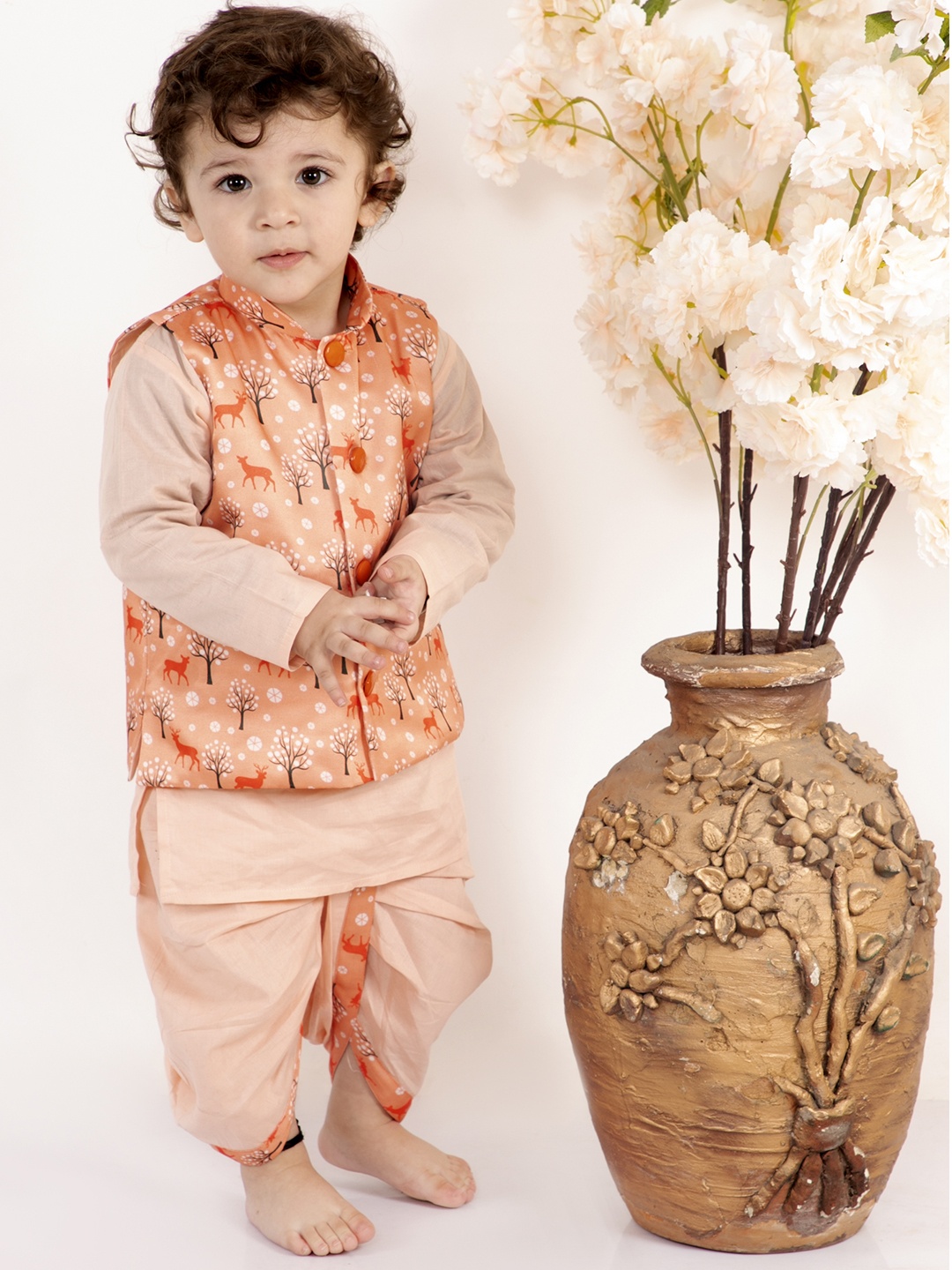 

Little Bansi Boys Peach-Coloured Printed Layered Kurta with Dhoti Pants