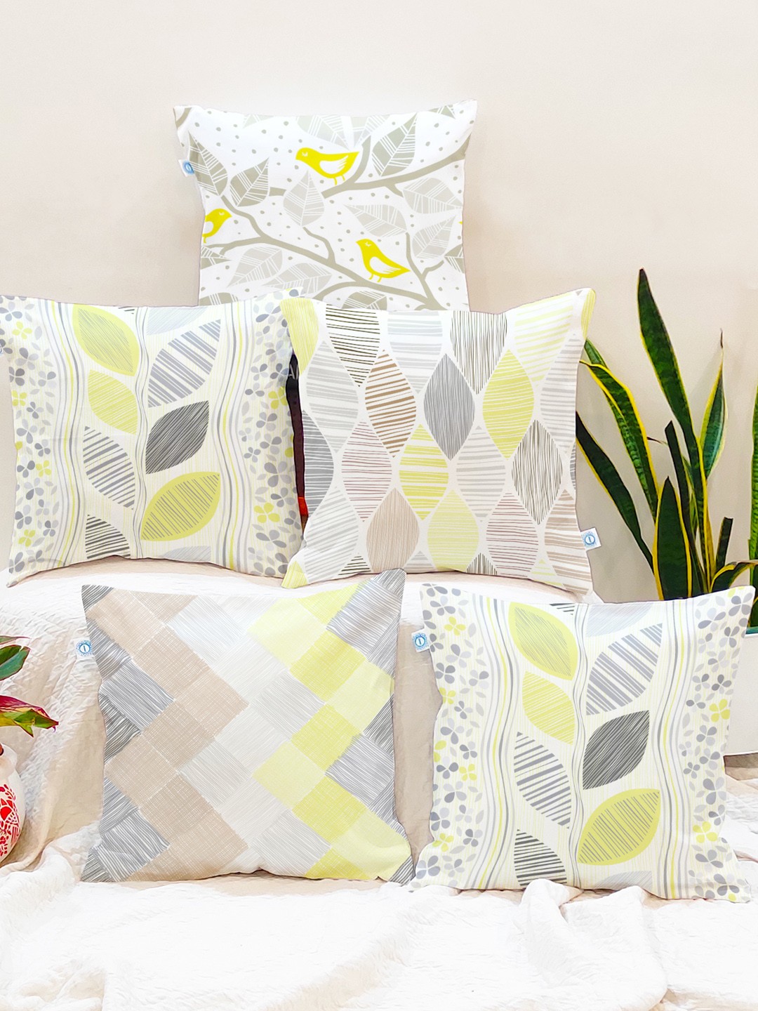 

STITCHNEST White & Yellow Set of 5 Floral Square Cushion Covers