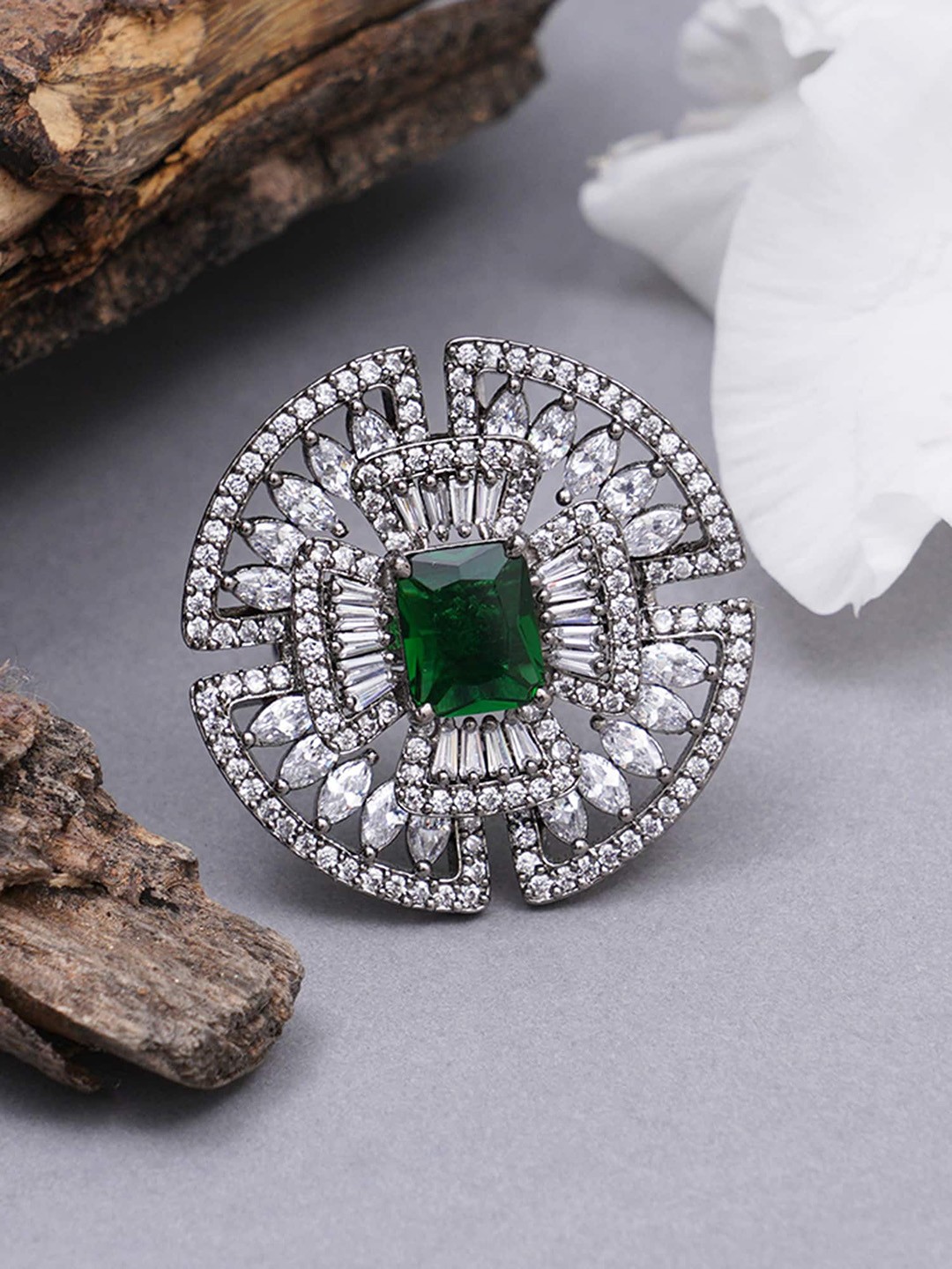 

KARATCART Silver-Plated White CZ-Studded Enamelled Finger Ring