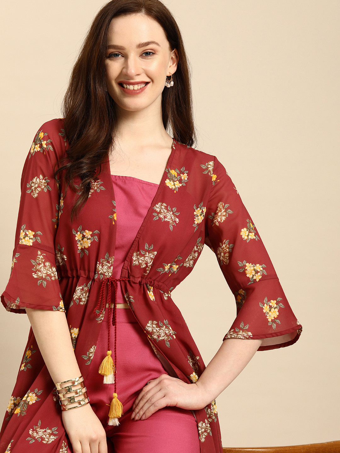 

all about you Women Pink Top with Palazzos & Ankle Length Printed Jacket