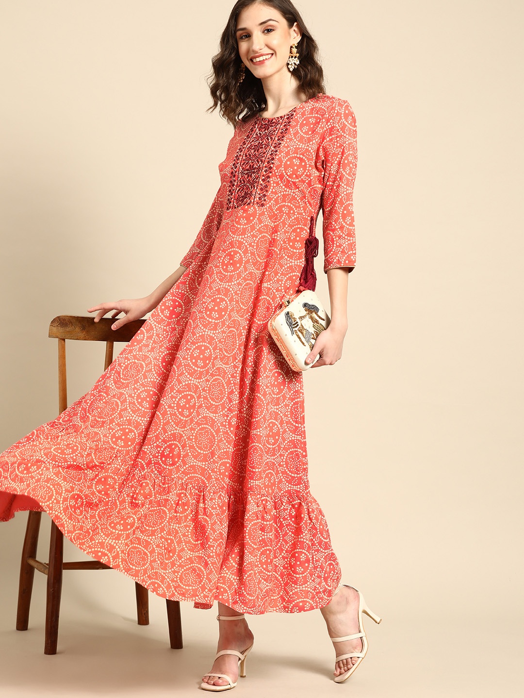

all about you Women Coral Orange Ethnic Motifs Print Flounce Hem A-Line Maxi Dress