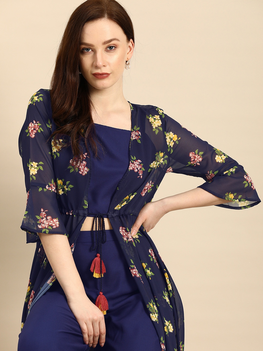 

all about you Women Navy Blue Top with Palazzos & Ankle Length Printed Jacket