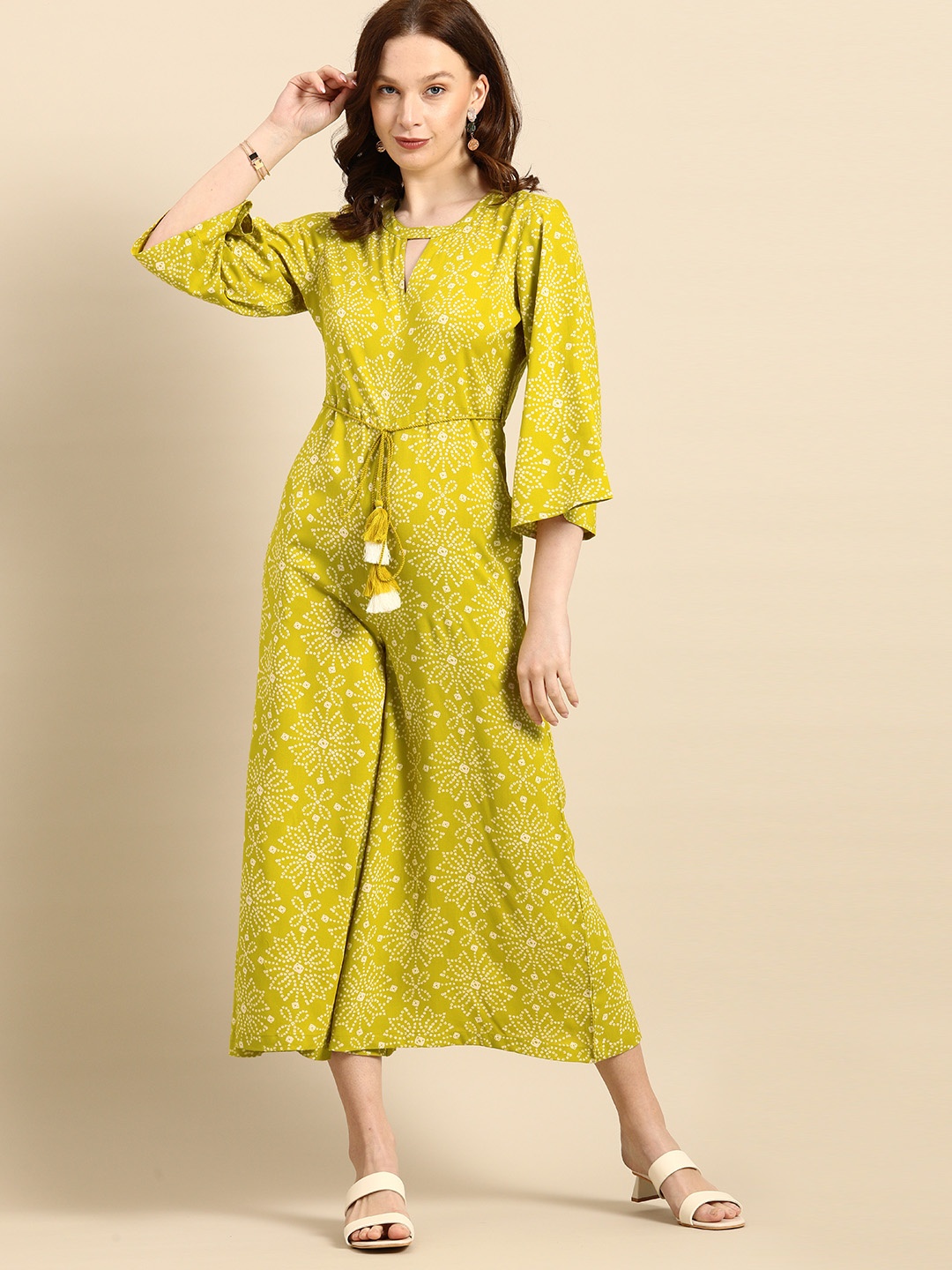 

all about you Women Olive Green & White Rayon Printed Culotte Jumpsuit with Waist Tie-Ups