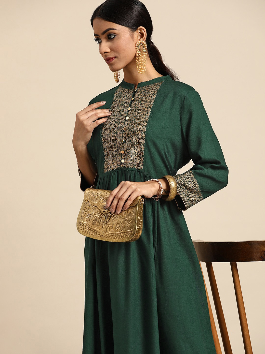 

all about you Green Yoke Print Detail Ethnic Maxi Dress