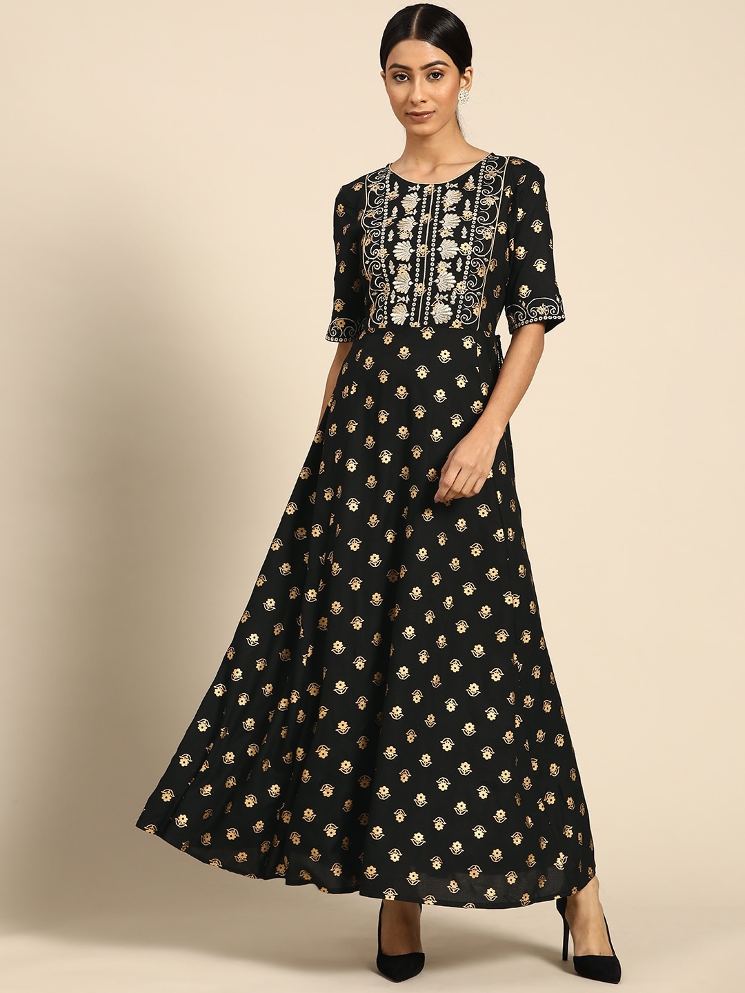 

all about you Black & Gold-Toned Floral Ethnic A-Line Maxi Dress