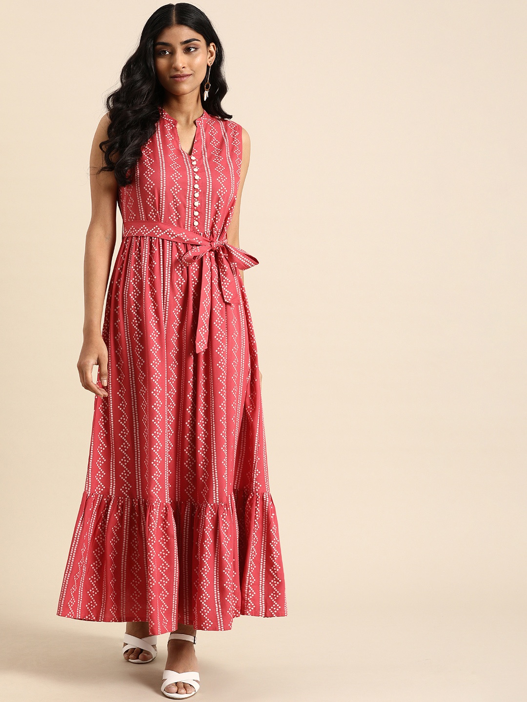 

all about you Red & White Bandhani Print Mandarin Collar Rayon Ethnic Maxi Dress
