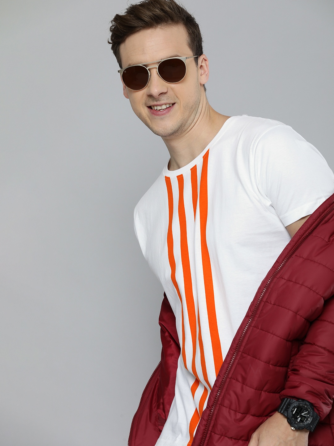 

HERE&NOW Men White & Orange Vertical Striped Casual T-shirt