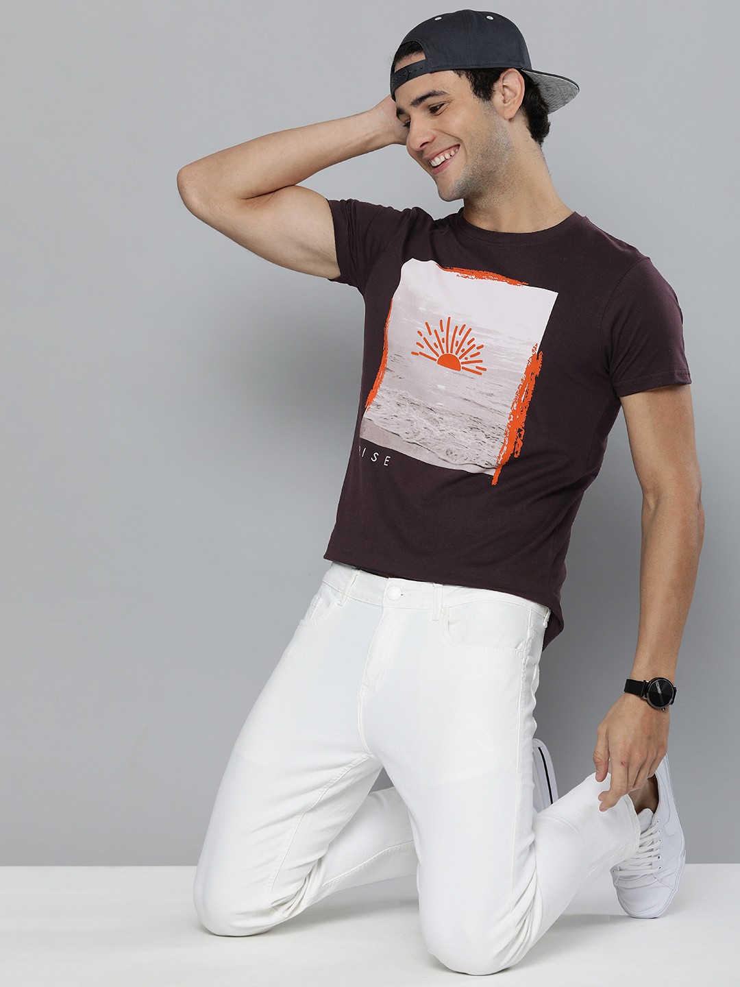 

HERE&NOW Men Brown Printed Pure Cotton T-shirt