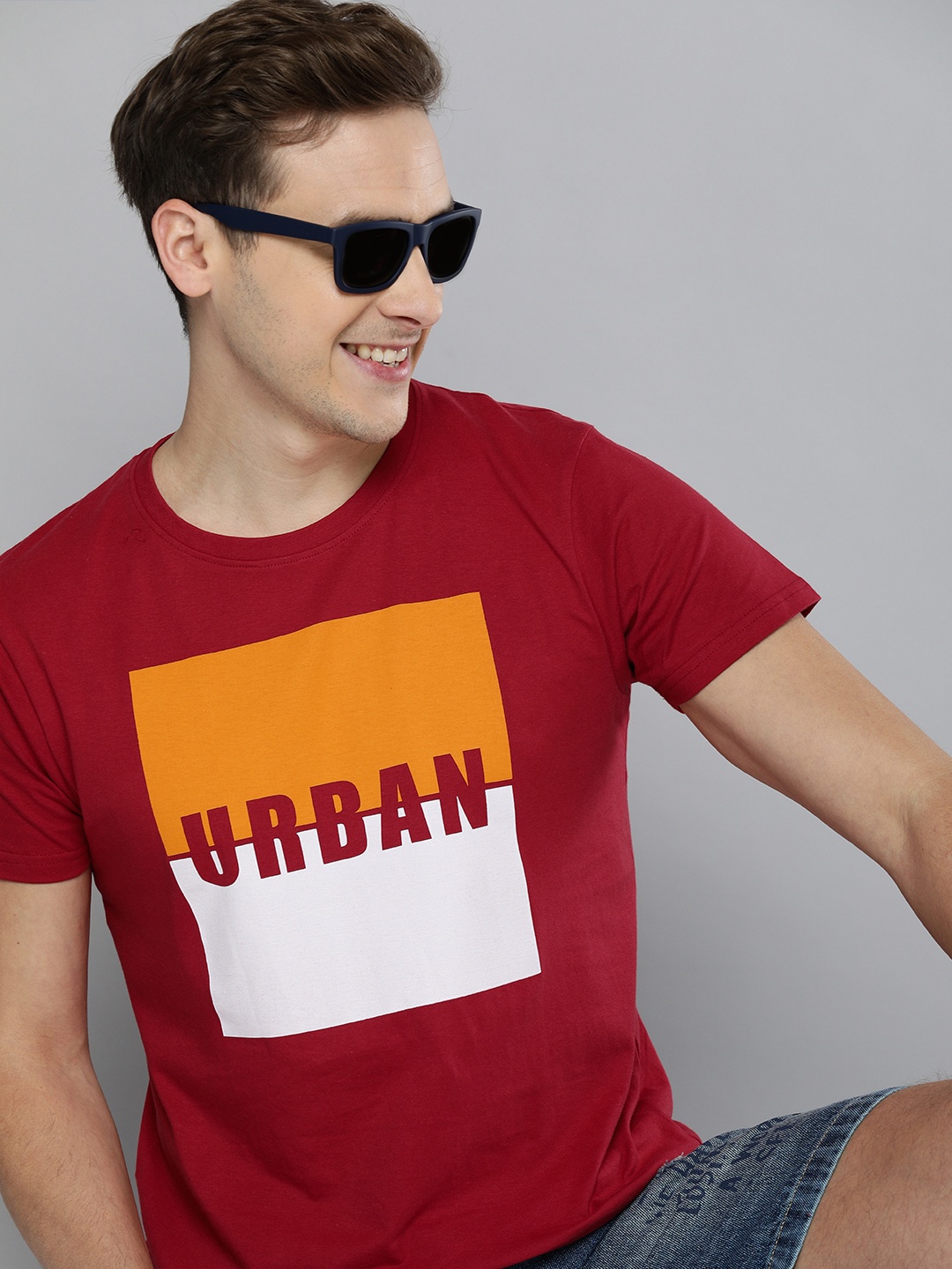 

HERE&NOW Men Maroon Colourblocked & Typographical Casual T-shirt