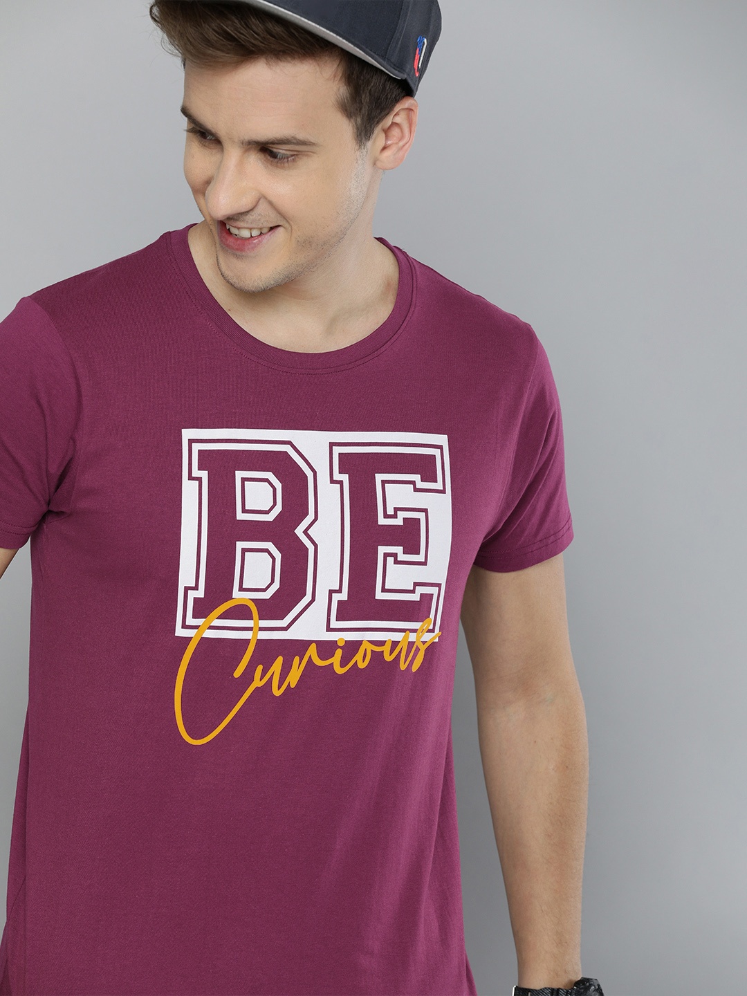 

HERE&NOW Men Purple Typography Printed Pure Cotton T-shirt