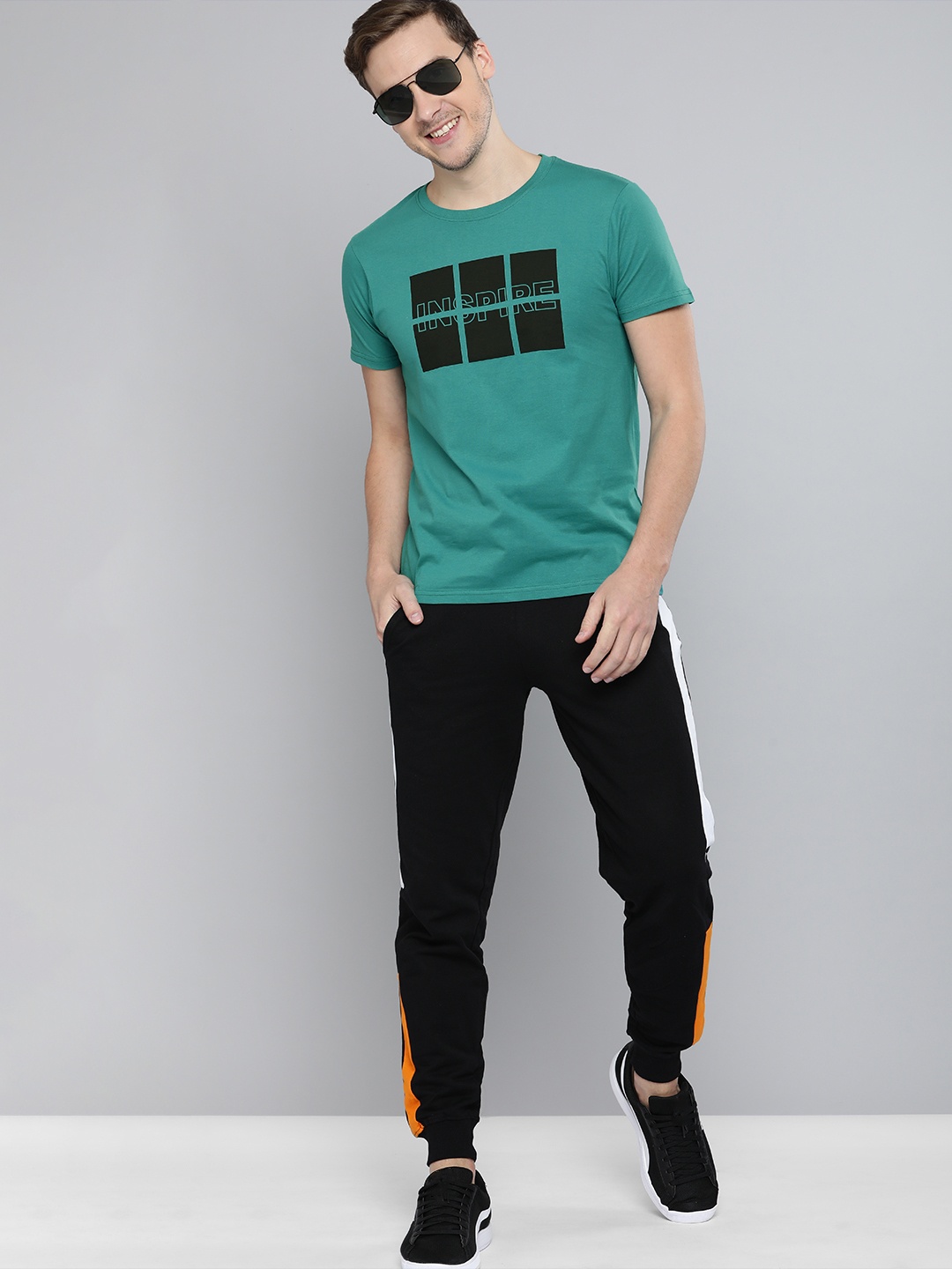 

HERE&NOW Men Teal Green Typography Printed Pure Cotton T-shirt