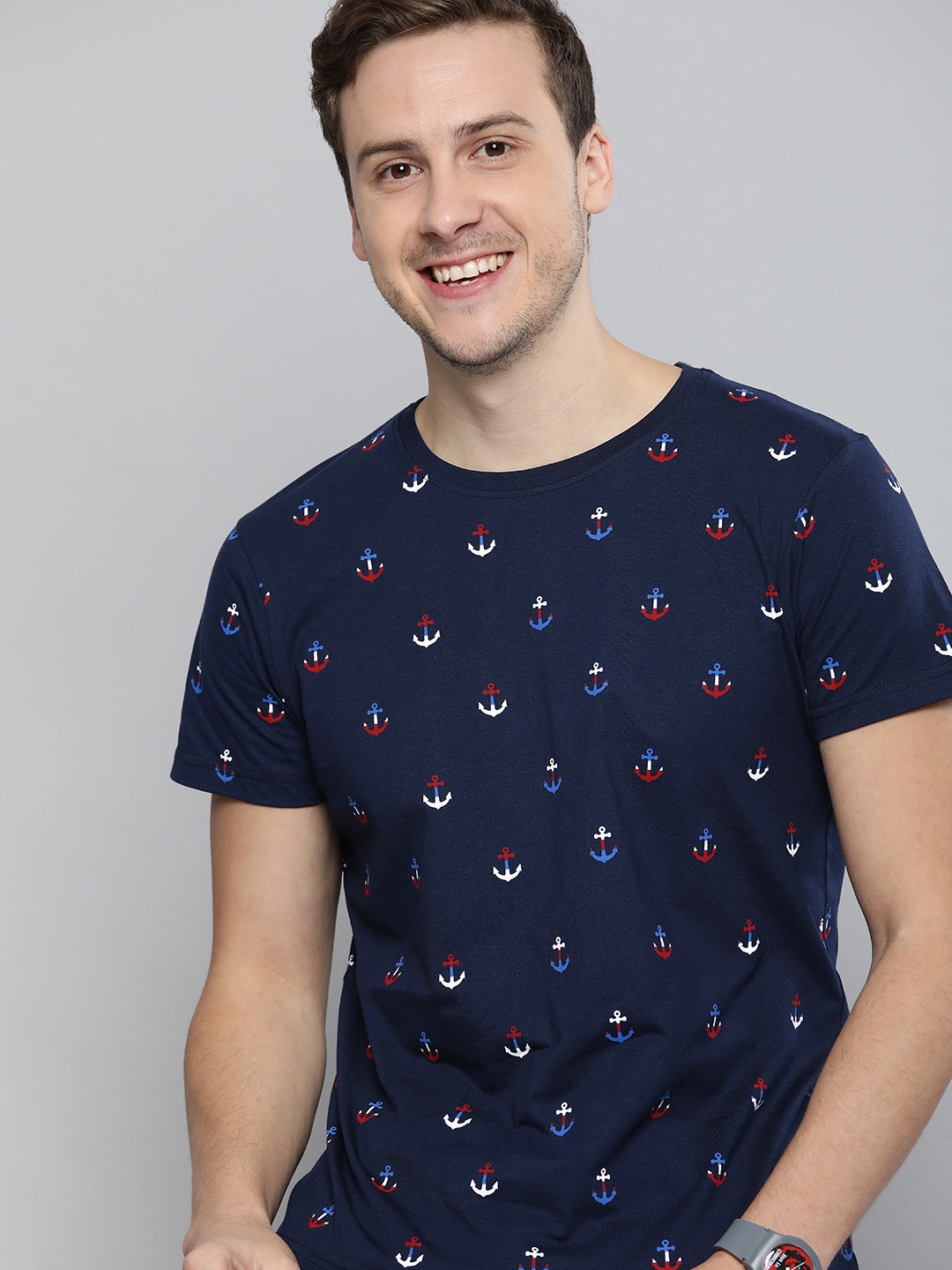 

HERE&NOW Men Navy Blue Printed Pure Cotton T-shirt