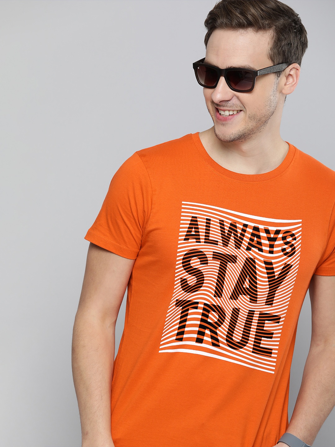

HERE&NOW Men Orange Typography Printed Pure Cotton T-shirt