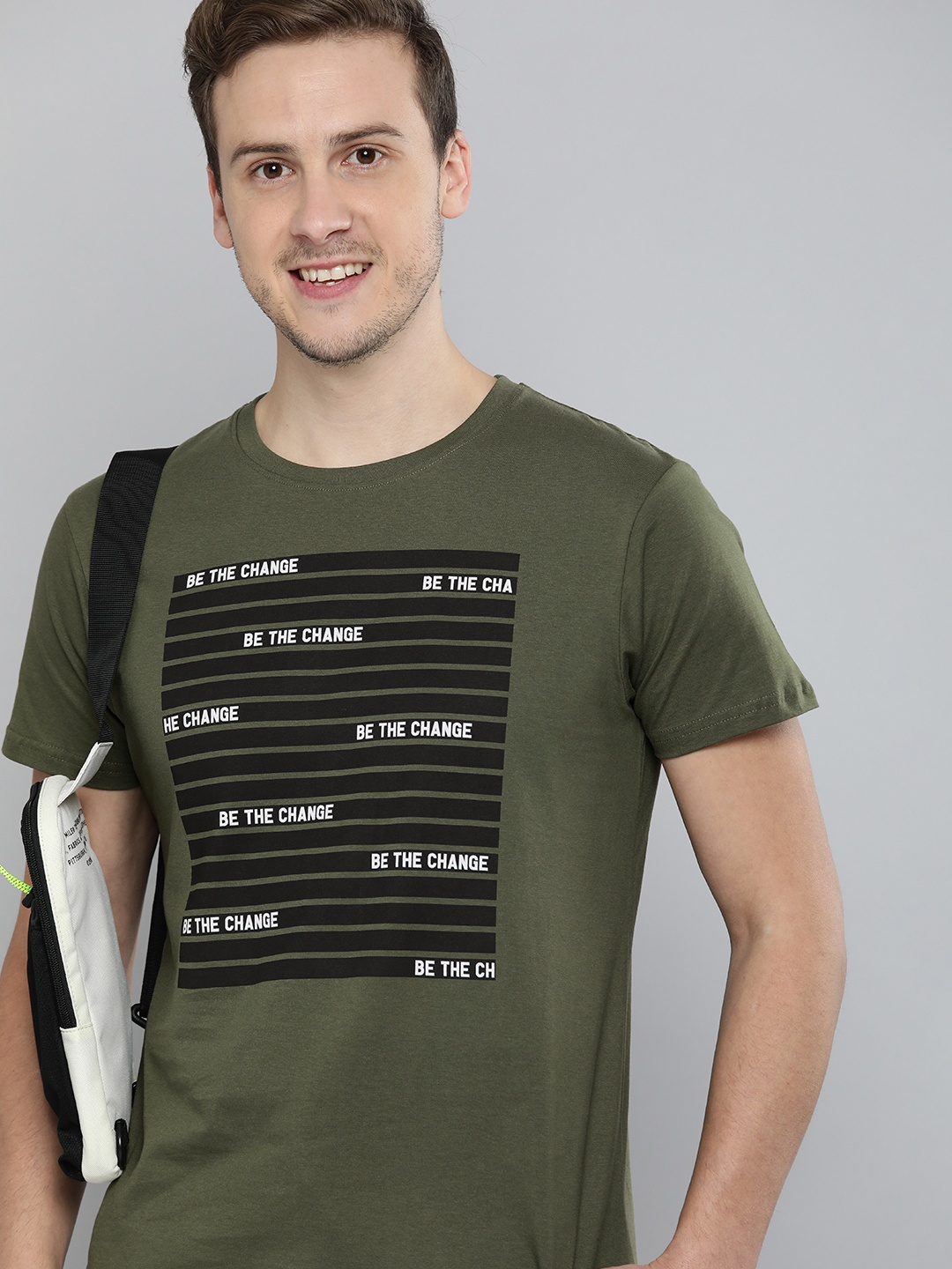 

HERE&NOW Men Olive Green Typography Printed Pure Cotton T-shirt