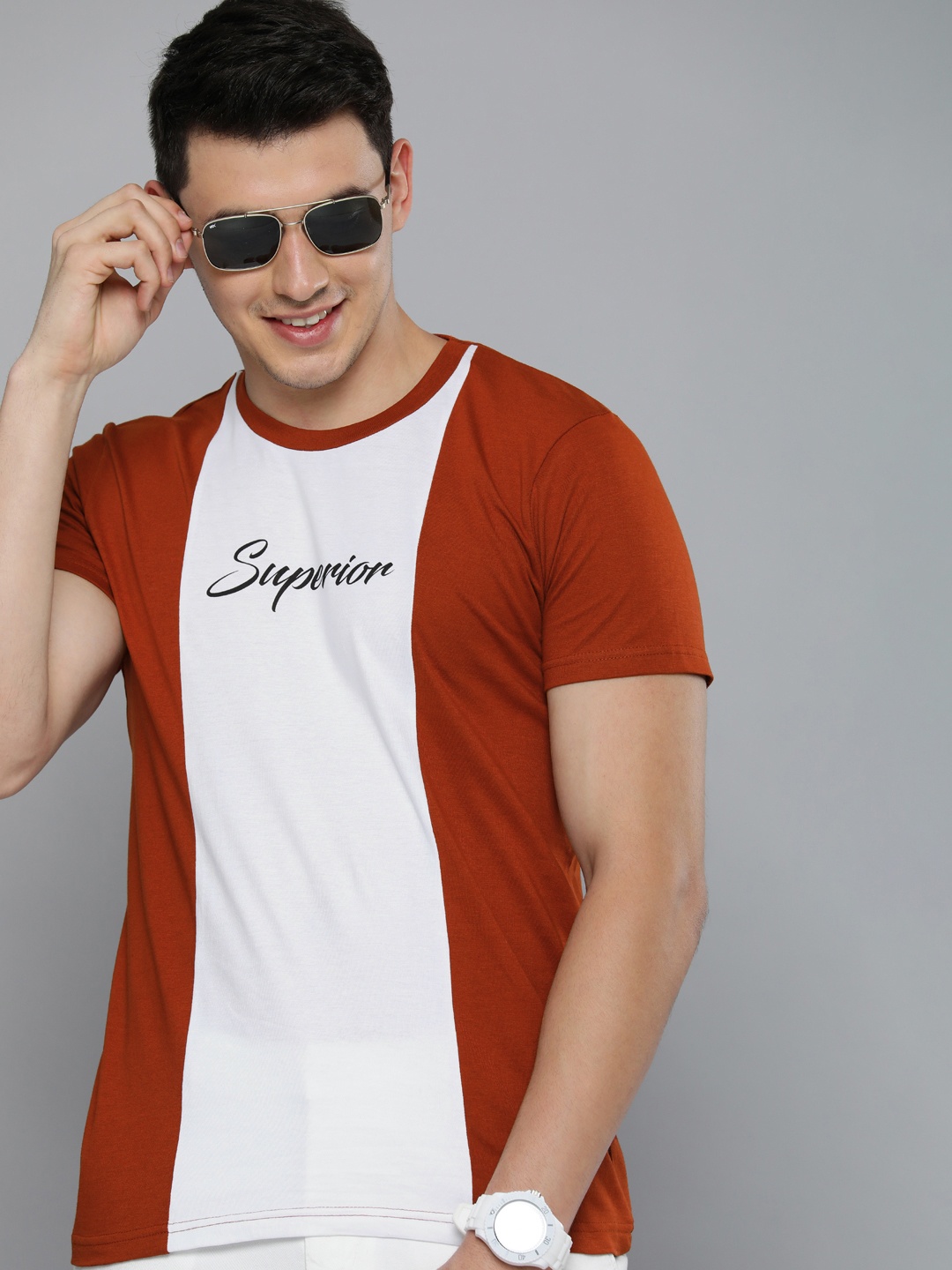 

HERE&NOW Men Maroon & White Colourblocked Pure Cotton T-shirt