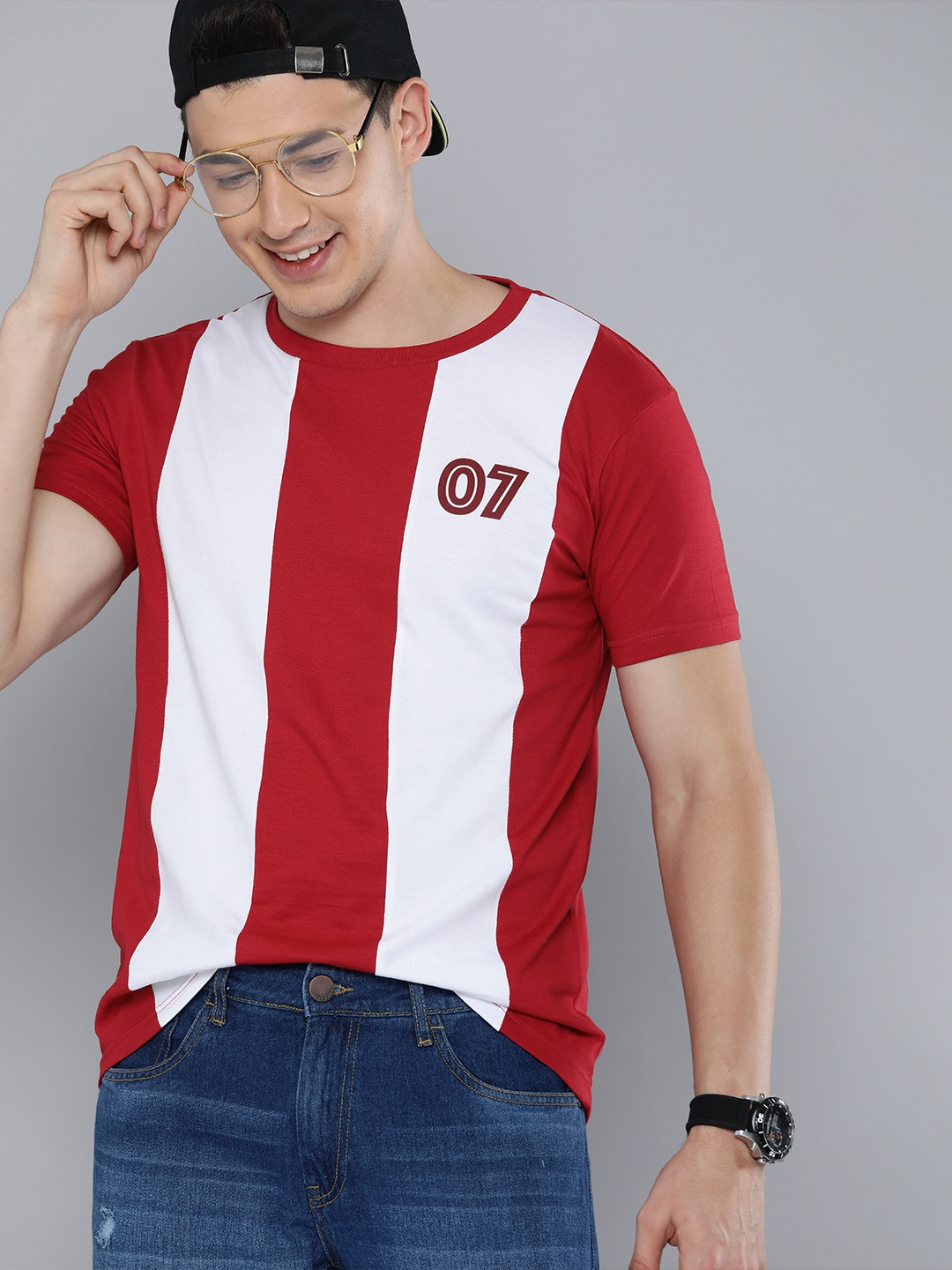 

HERE&NOW Men Maroon & White Striped Pure Cotton T-shirt