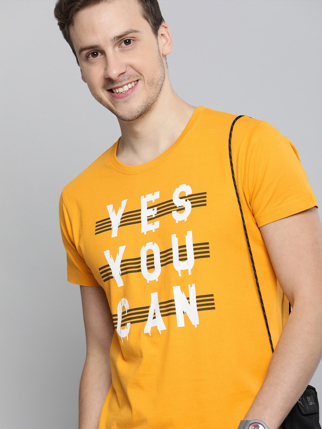 

HERE&NOW Men Mustard Yellow Typography Printed Pure Cotton T-shirt