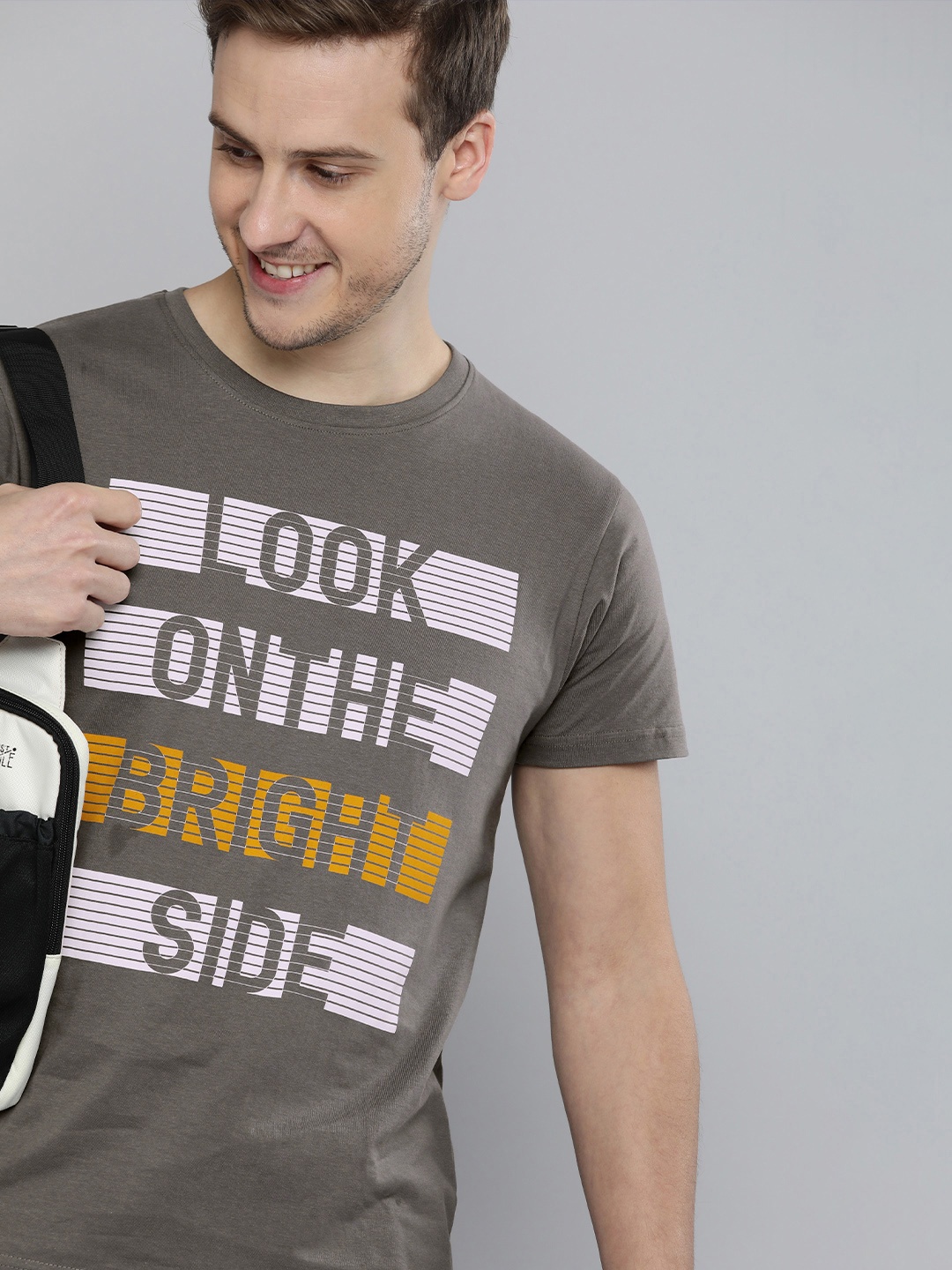 

HERE&NOW Men Grey Typography Printed Pure Cotton T-shirt