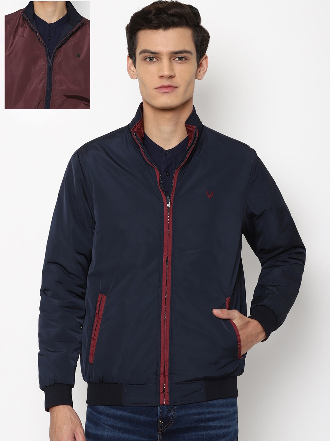 

Allen Solly Men Maroon & Navy Blue Reversible Bomber Jacket