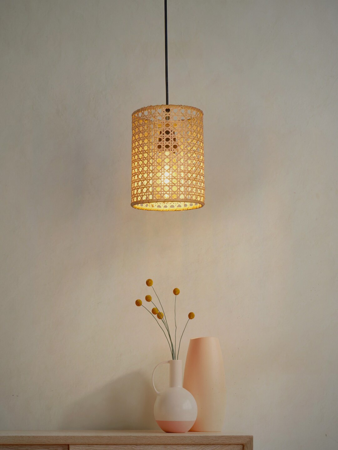 

Fos Lighting Beige Cane Cylindrical Shade Ceiling Lamp