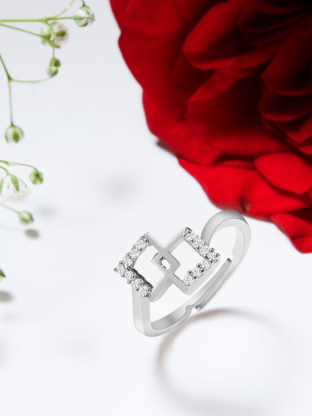 

AMI Silver Plated & White Studded Adjustable Finger Ring