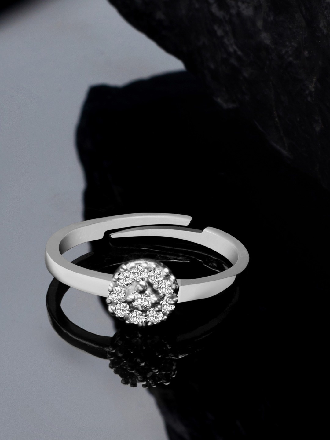 

AMI Silver-Toned & White CZ-Studded Adjustable Finger Ring