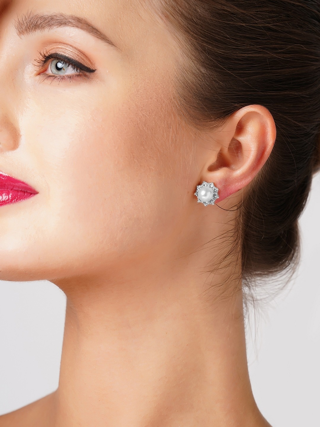 

AMI Silver-Toned Contemporary CZ Studded Studs Earrings