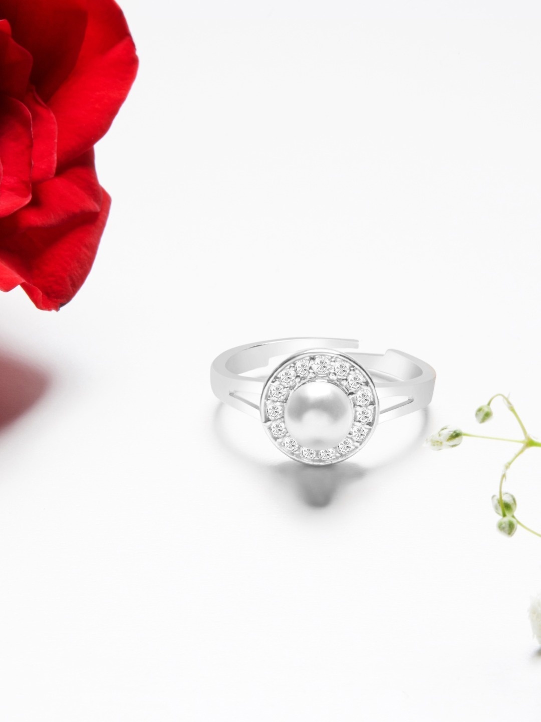

AMI Silver-Plated & White Studded & Pearl Beaded Adjustable Finger Ring