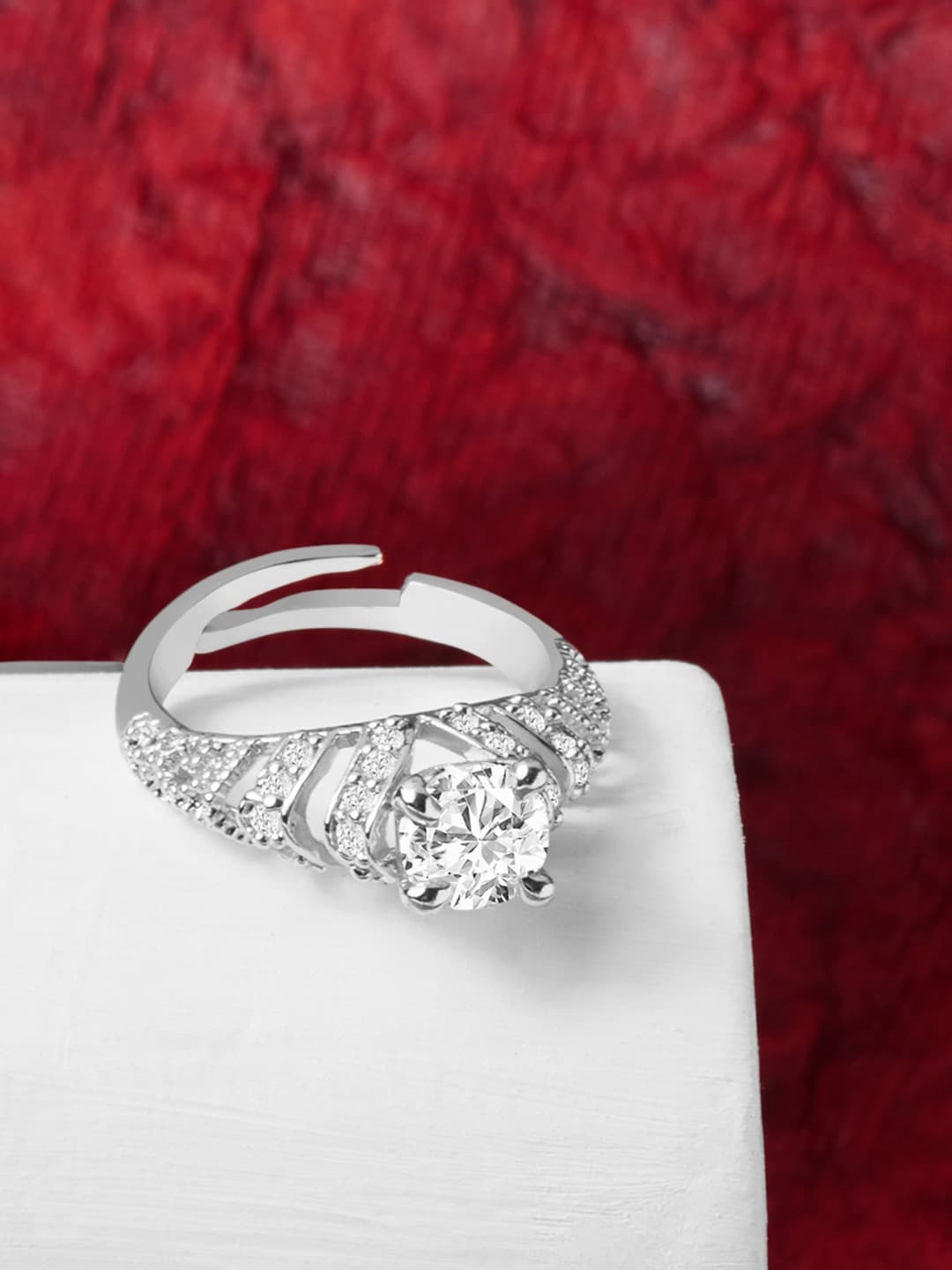 

AMI Women Silver-Plated White Cubic Zirconia Studded Finger Ring