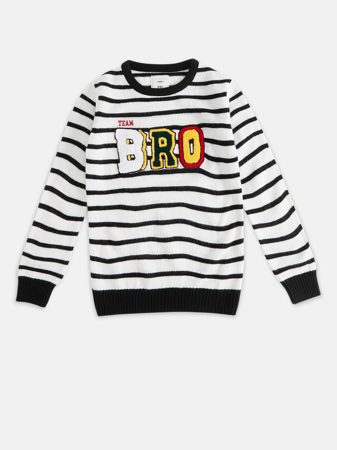 

Pantaloons Junior Boys White & Black Striped Pure Acrylic Pullover with Applique Detail