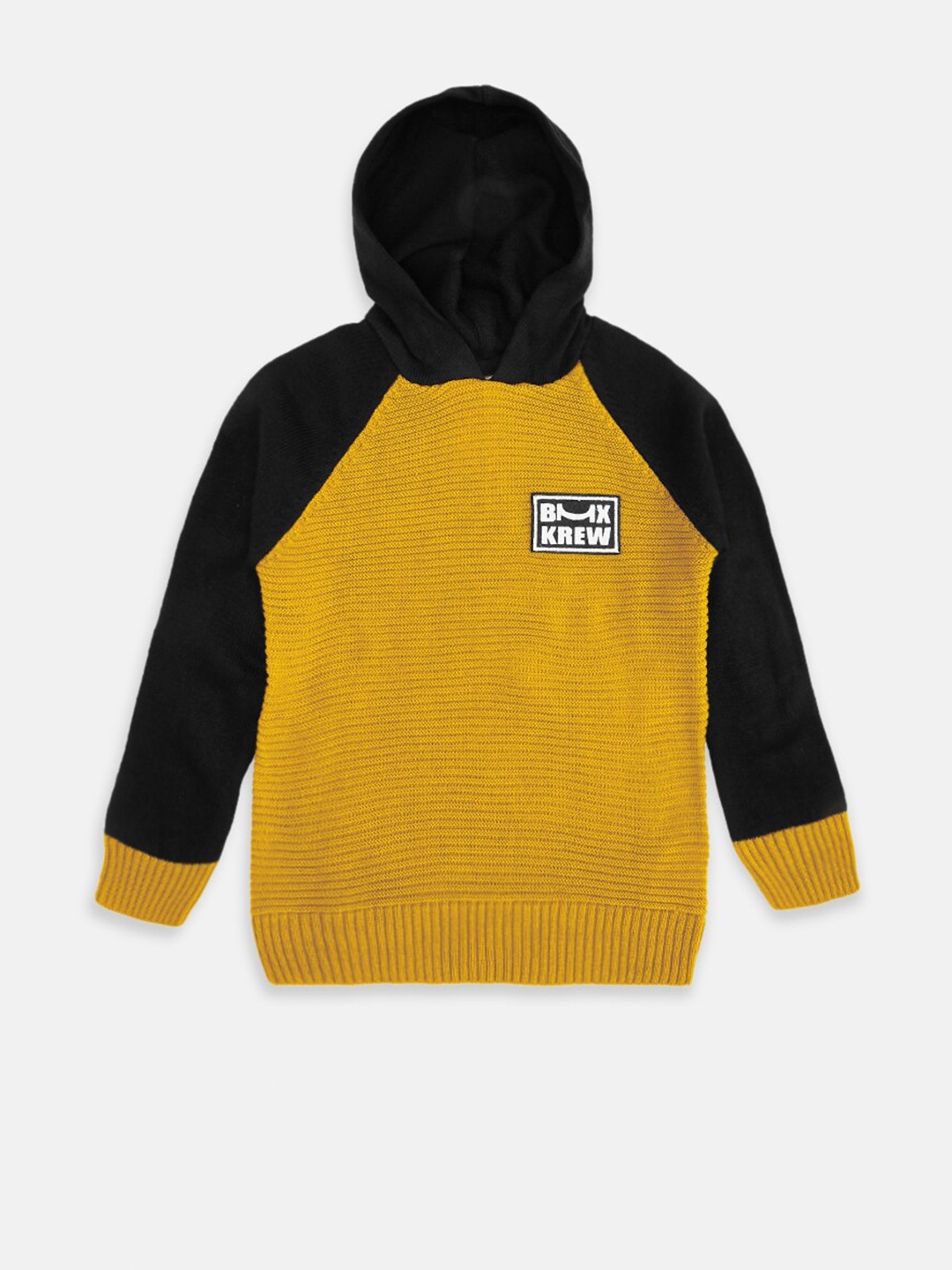 

Pantaloons Junior Boys Yellow & Black Colourblocked Hooded Acrylic Pullover