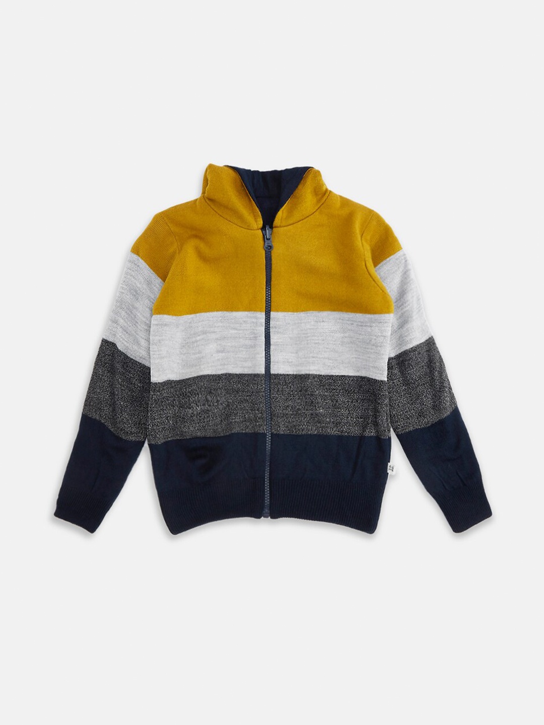 

Pantaloons Junior Boys Mustard & Grey Colourblocked Hooded Acrylic Cardigan