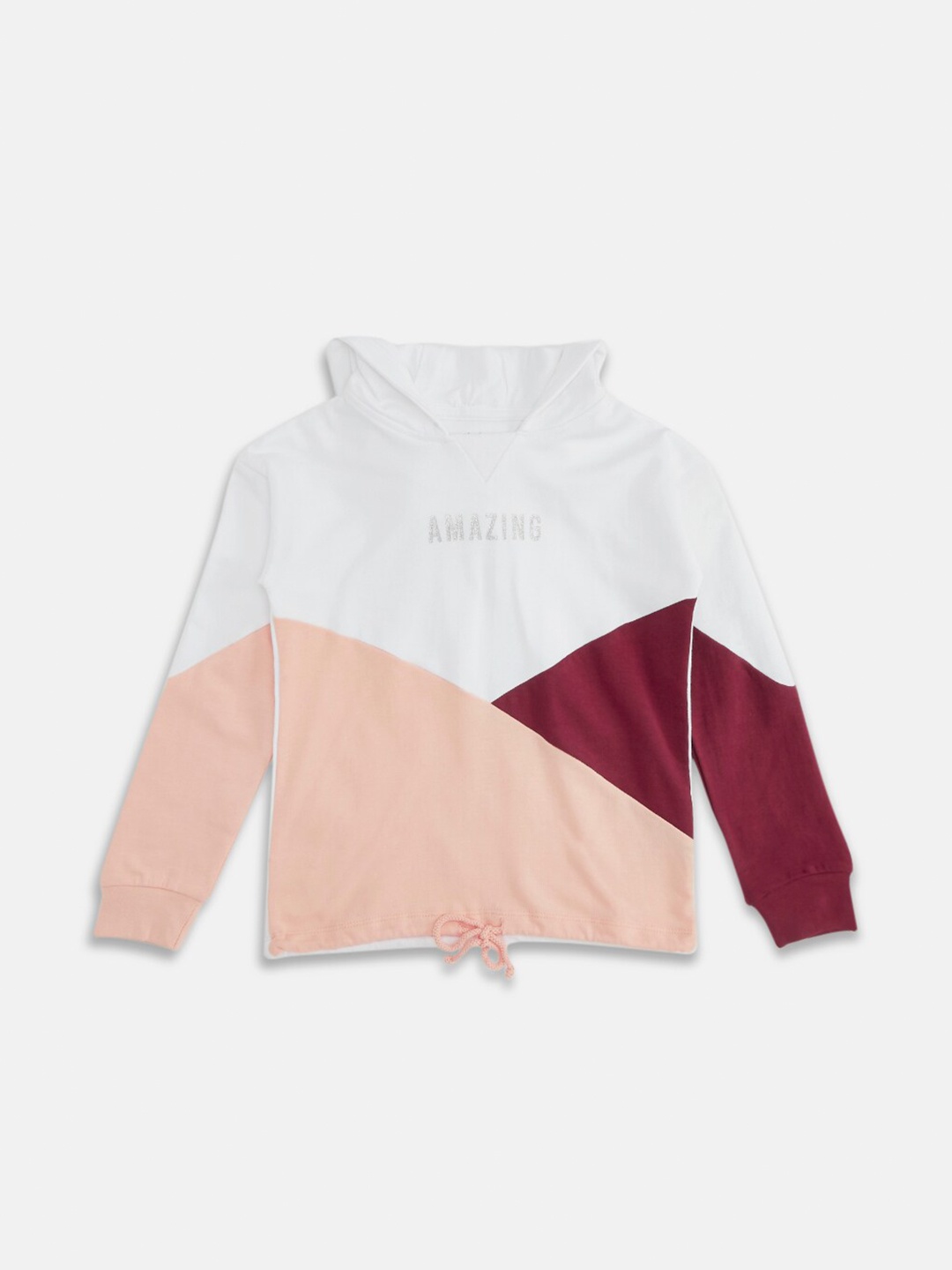 

Pantaloons Junior Girls White & Peach-Coloured Colourblocked Hooded Sweatshirt