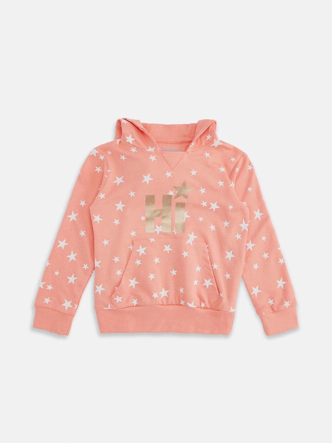 

Pantaloons Junior Girls Peach-Coloured & White Printed Pure Cotton Hooded Sweatshirt