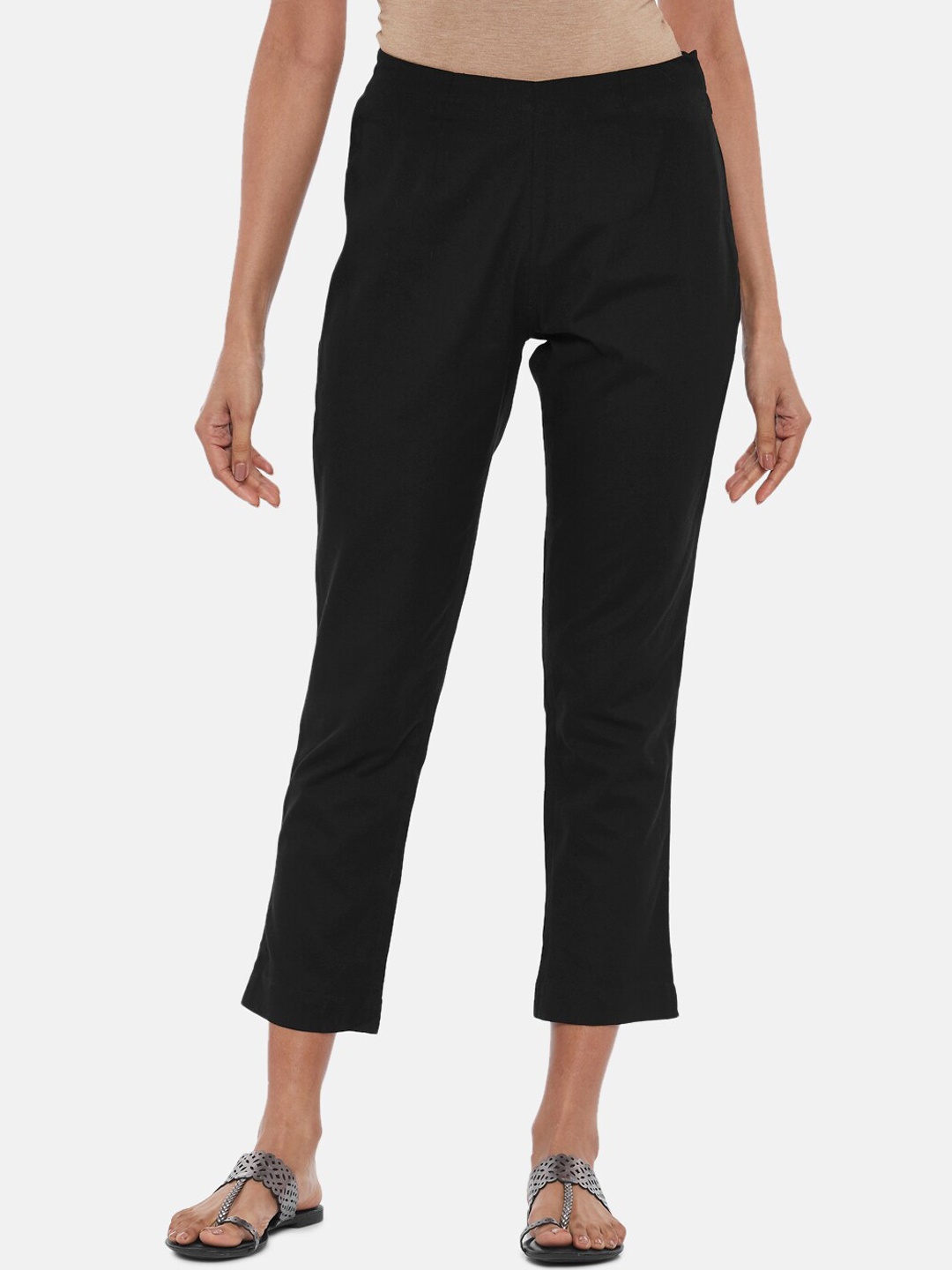 

RANGMANCH BY PANTALOONS Women Black Pure Cotton Trousers