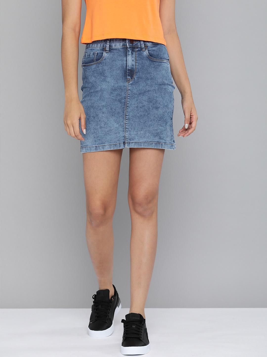 

HERE&NOW Women Blue Acid Wash A-Line Denim Skirt