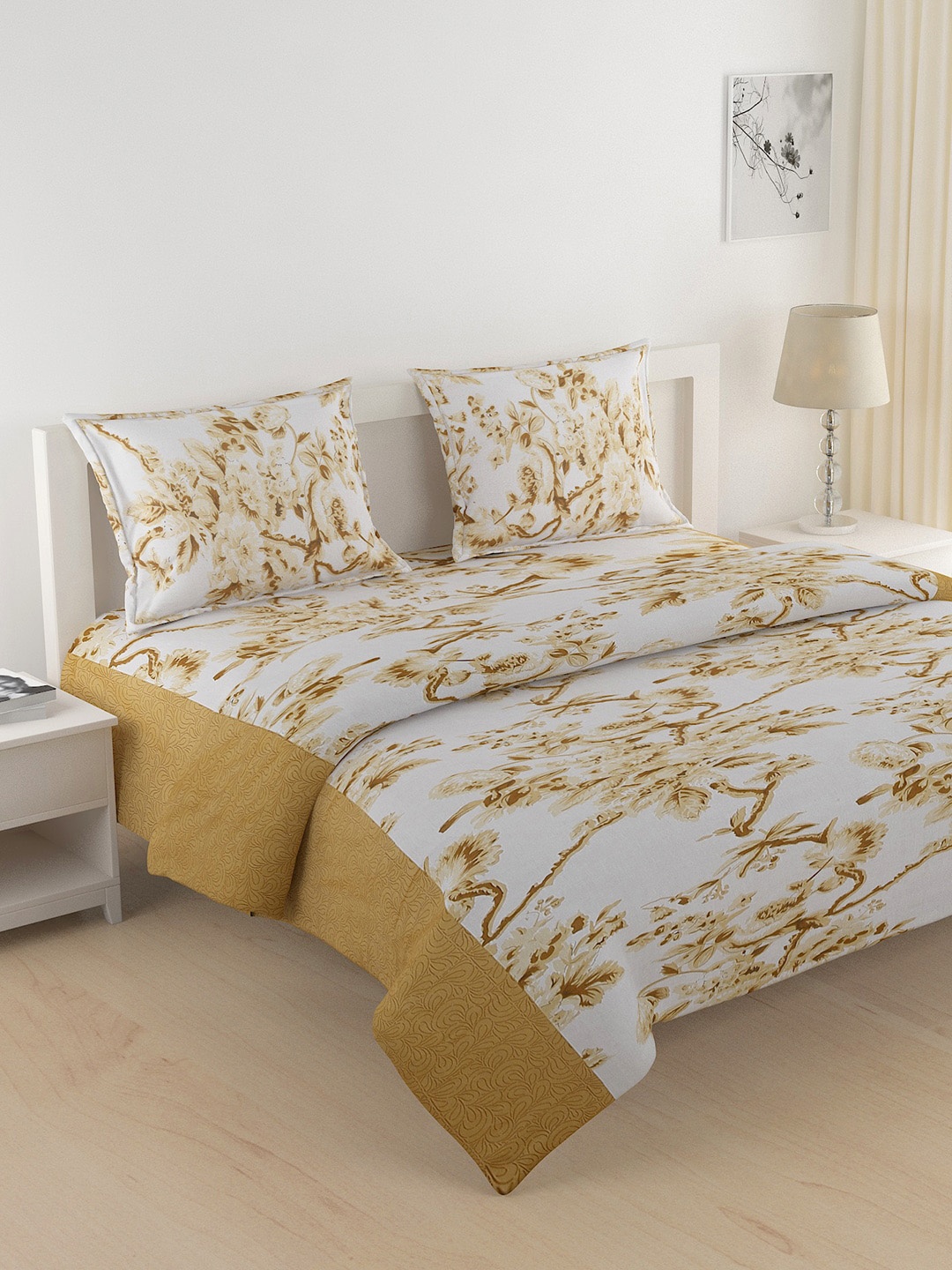 

SWAYAM Mustard Yellow & White Floral Printed Cotton Double King Bedding Set