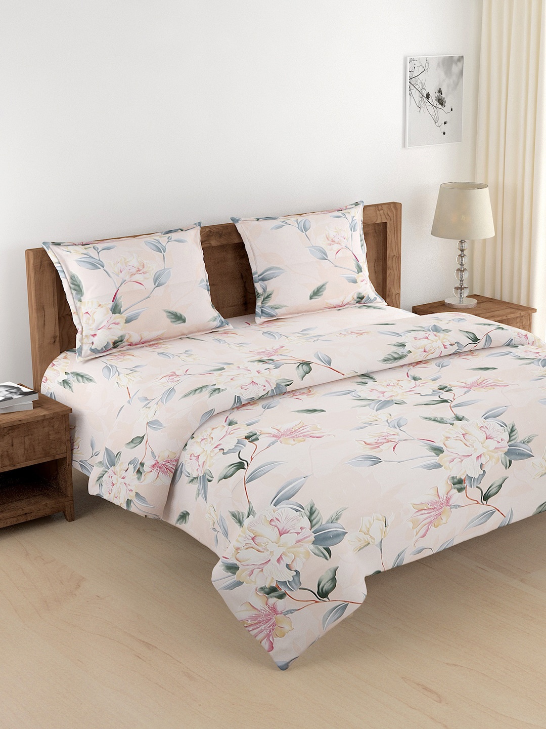 

SWAYAM Peach-Coloured & Green Floral Printed Cotton 180 TC Double King Bedding Set