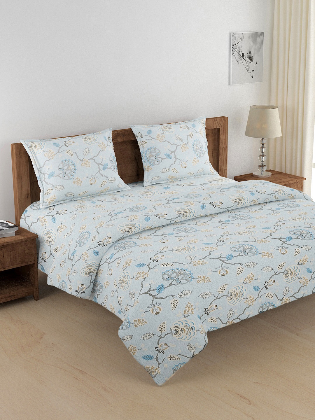 

SWAYAM Blue & Grey Floral Printed Cotton 144 TC Double King Bedding Set