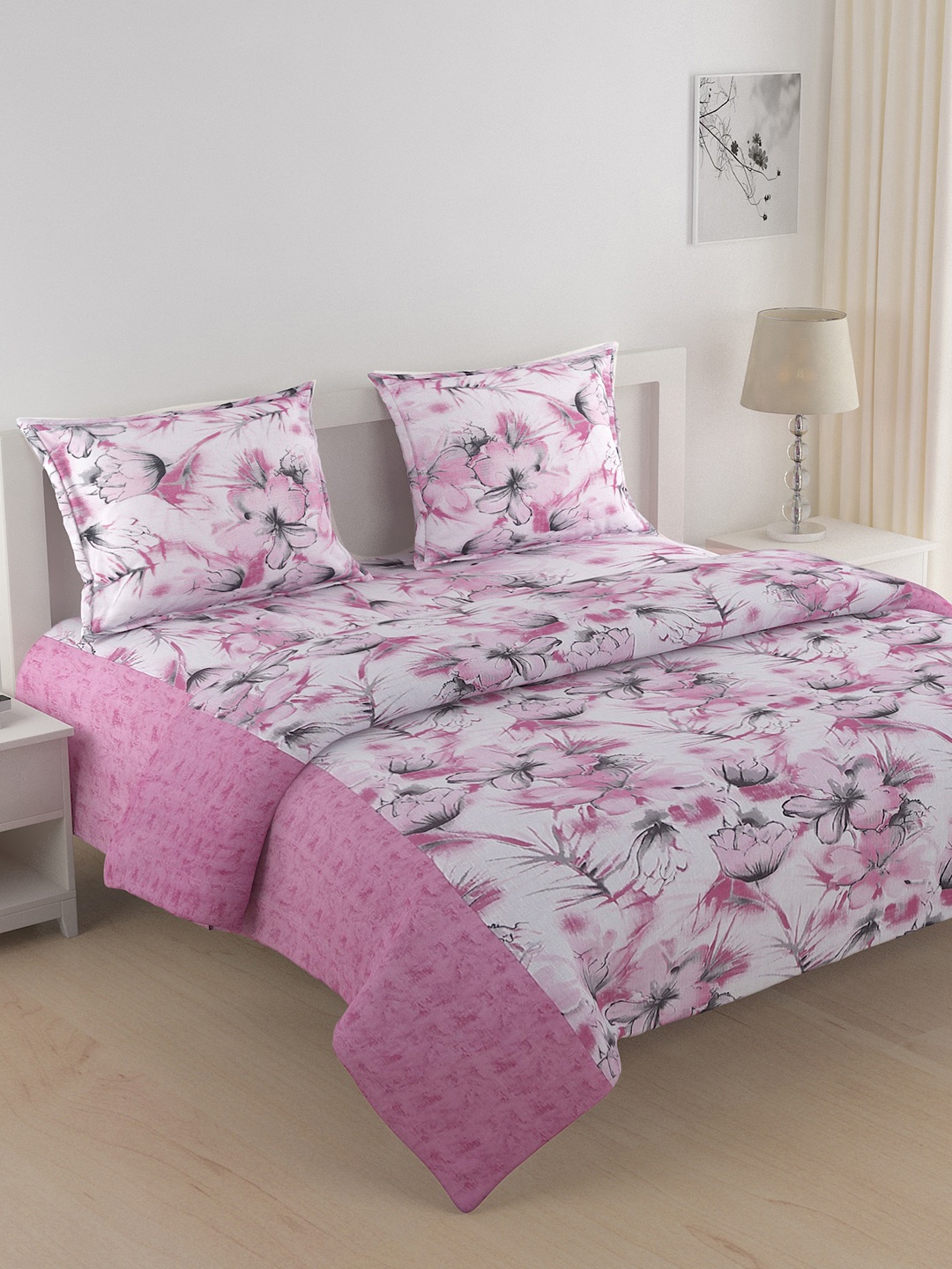 

SWAYAM Pink & White Floral Printed Cotton 144 TC Double King Bedding Set