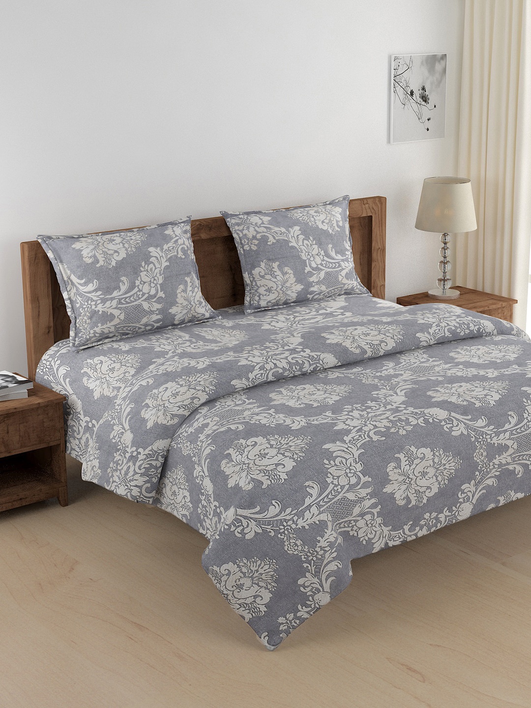

SWAYAM Grey & White Ethnic Motifs Cotton 144 TC Double King Bedding Set