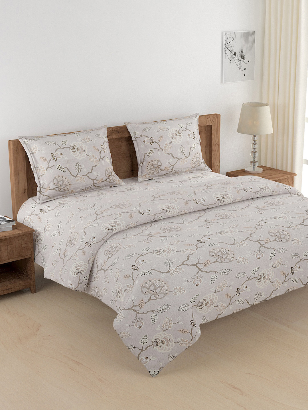 

SWAYAM Beige Floral Printed Cotton 144 TC Double King Bedding Set