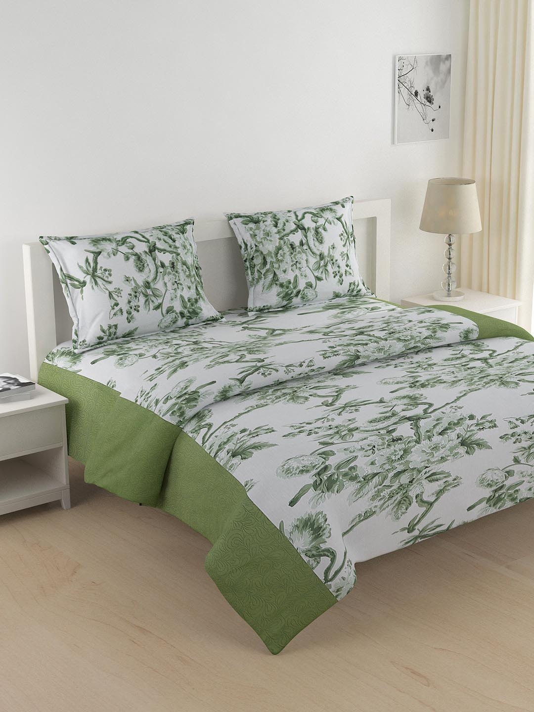 

SWAYAM Green & White Floral Printed Cotton 144 TC Double King Bedding Set