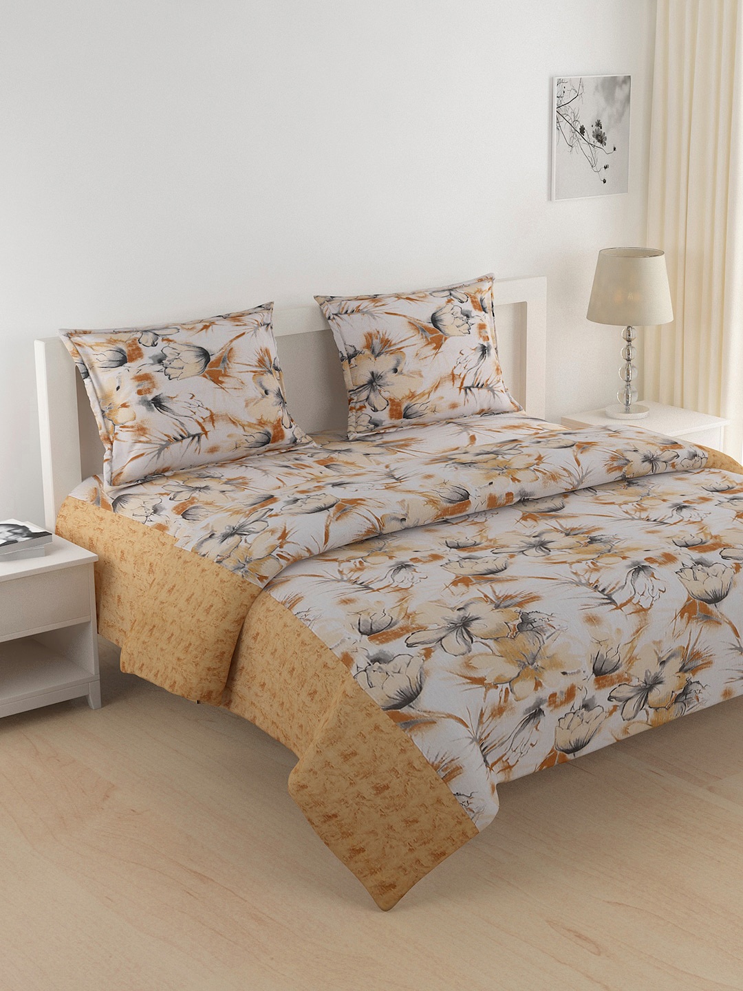 

SWAYAM Yellow & White Floral Printed Cotton 144 TC Double King Bedding Set